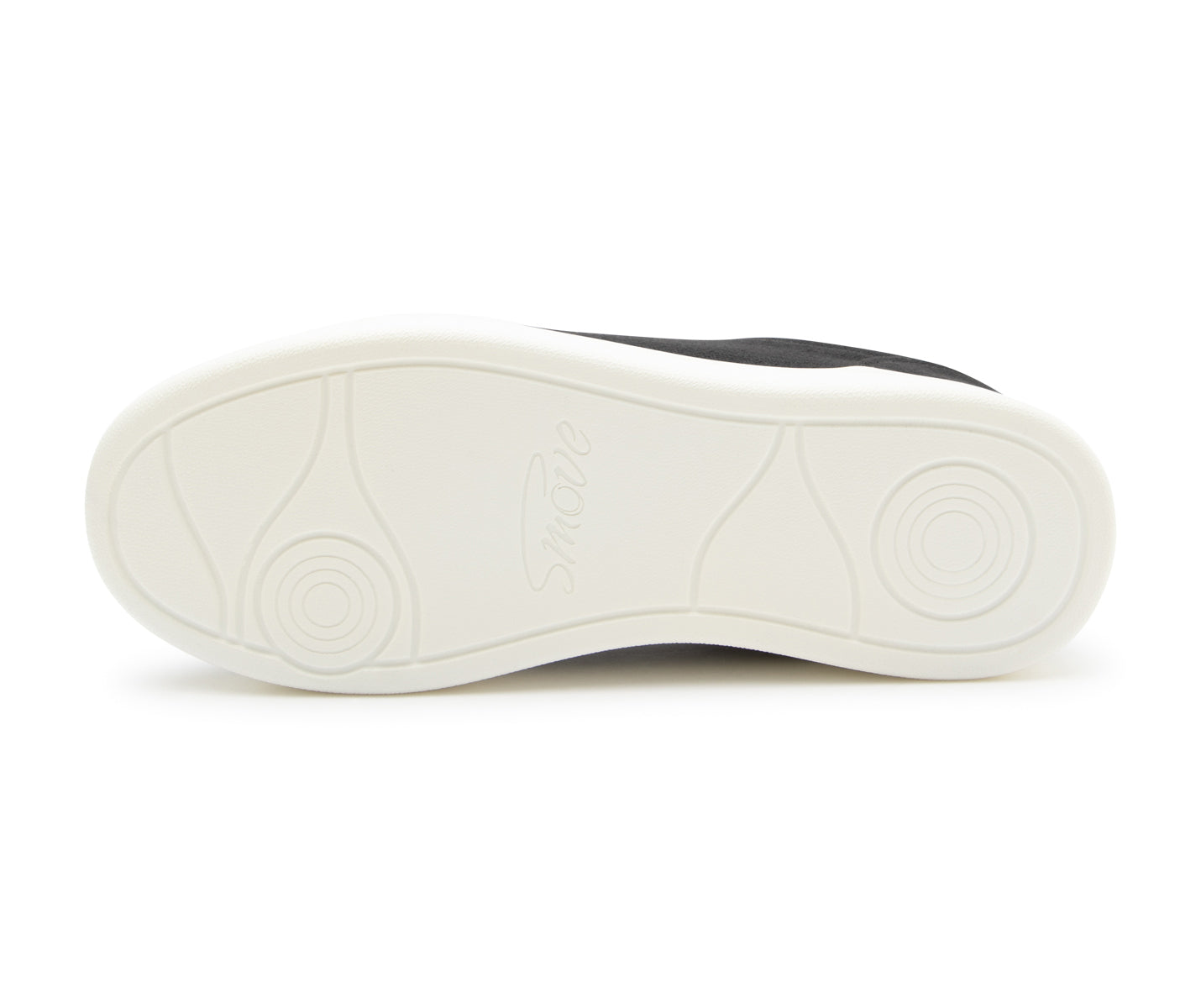 Die weiße Sohle des Dancing Queens SMOVE Dance Sneakers in Schwarz hat kreisförmige Profile und die Prägung „Smove“.